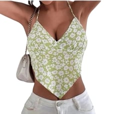 Floral Green White Y2K Bandana V Neck Womens Halter Tie Tank Top Size Small