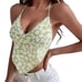 Floral Green White Y2K Bandana V Neck Womens Halter Tie Tank Top Size Small