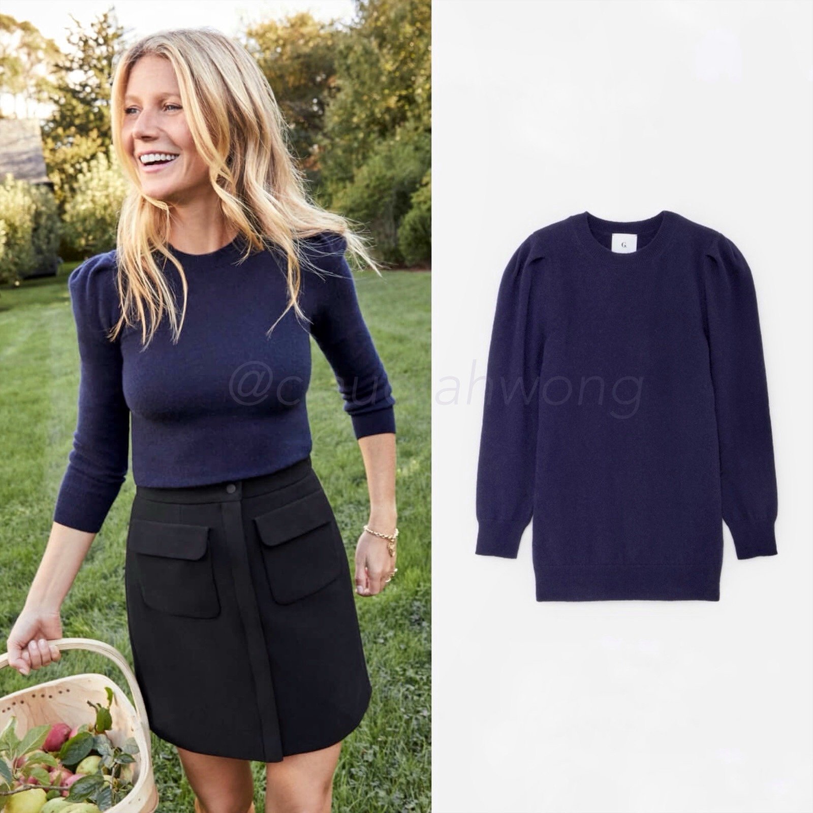 Goop G. LABEL Obye 100% Cashmere Puff Sleeve Crewneck Sweater in Navy Blue