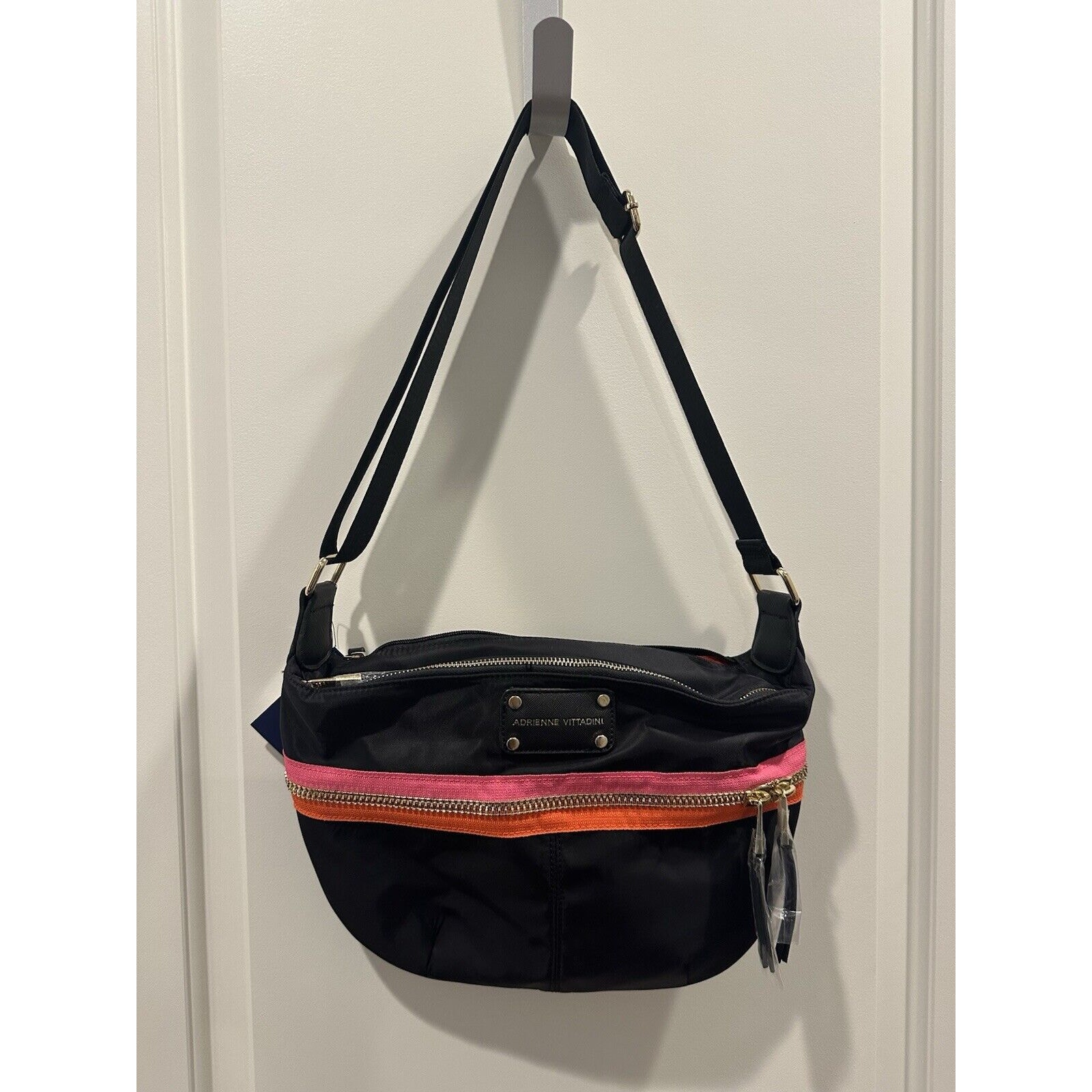 Adrienne Vittadini Nylon Belt Bag Black With Pink/Orange Accents NWT
