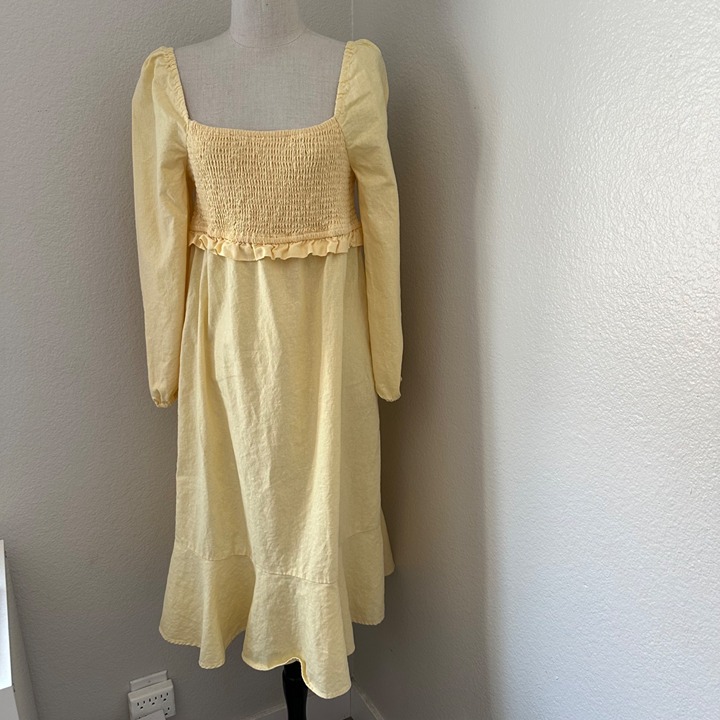 Seven For All Mankind Midi Dress Square Nevk Shirred Tier Long Sleeve Yellow L
