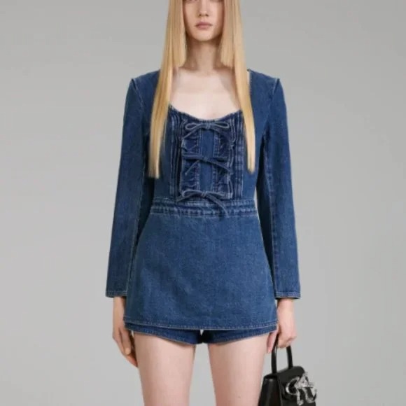 Self-Portrait Dark Wash Denim Bow Playsuit