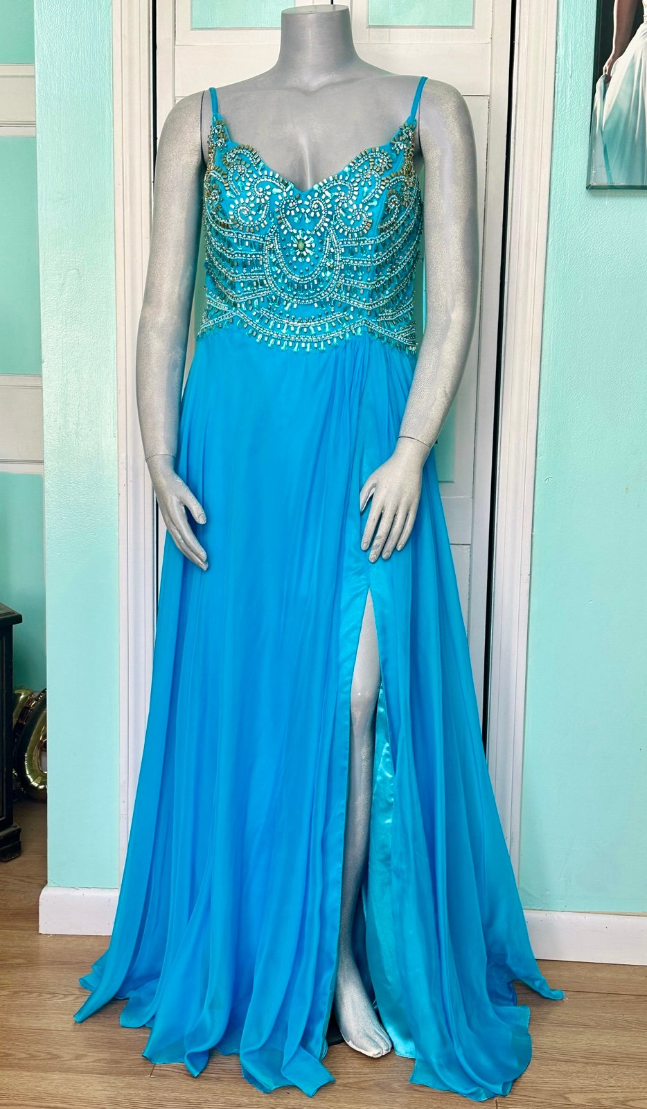 Size 16W 18 Prom Pageant Blue Chiffon Prom Pageant Aline Gown Dress Leg Slit