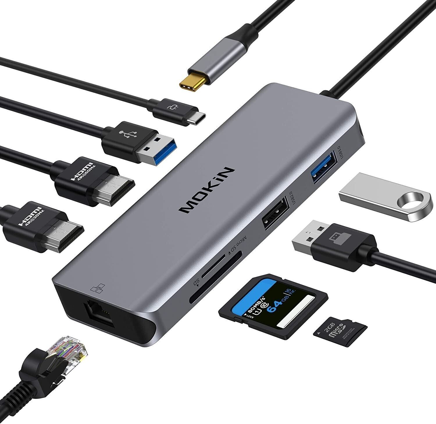 USB C Dual HDMI Adapter, USB C Laptop Docking Station 9 in 1 Triple Display Mult