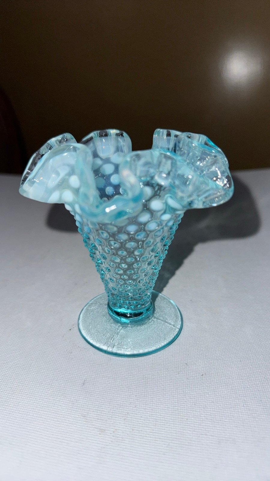 Fenton Hobnail Blue Opalescent Vase, 4 Inch, Trumpet, Double Crimped, Footed