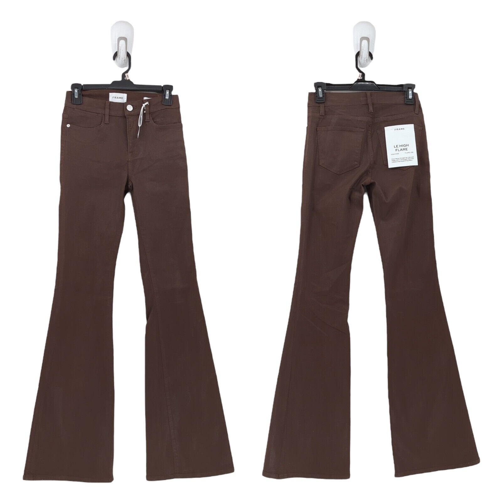 Frame Women 25 Le High Flare Jeans Dark Chocolate Brown Coated Denim Zip NEW