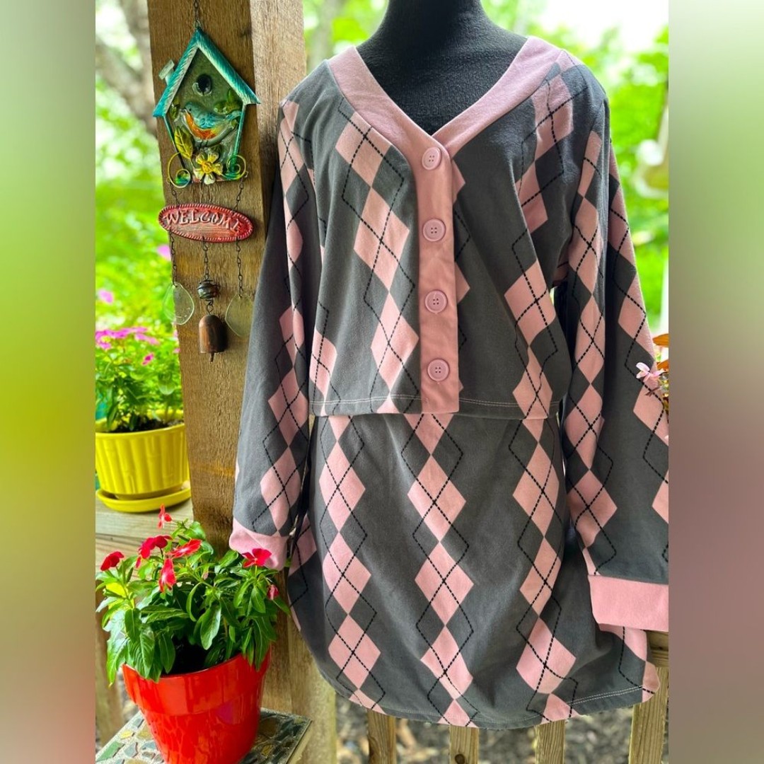 Liberty Love 2XL Pink & Grey Argyle Soft Textured Skirt Set NWT