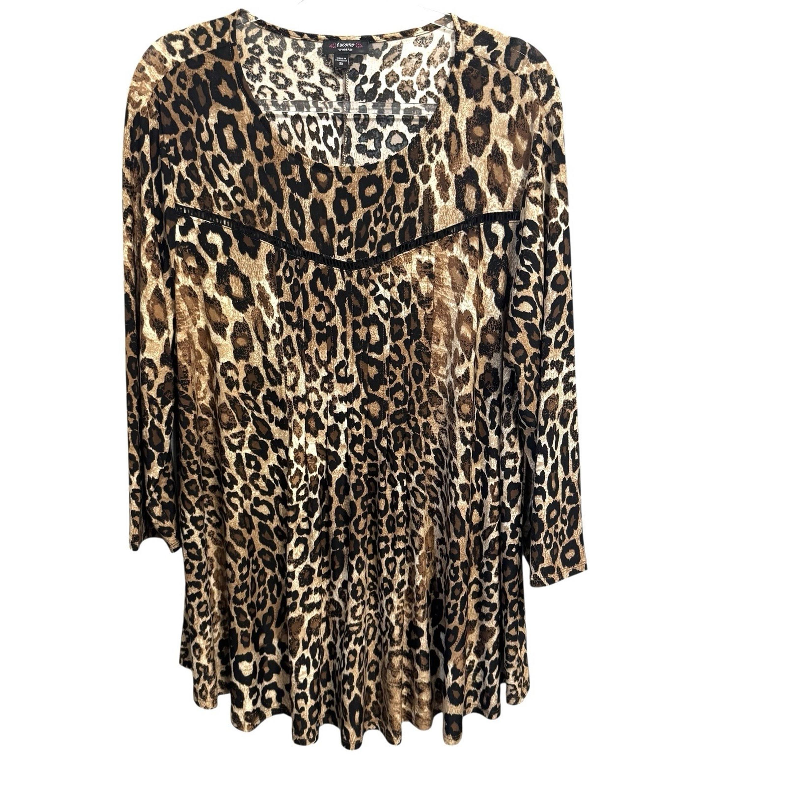 COCOMO WOMAN 2X Leopard Pintuck Pleats Inset Lace 3/4 Sleeve Tunic Jersey Knit