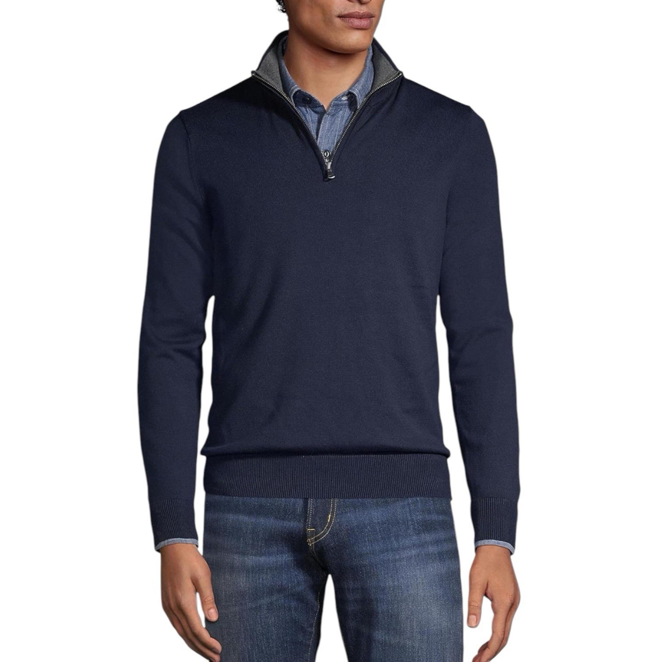 Lands End Mens Large Long Sleeve Fine Gauge Cotton Quarter Zip Sweater Navy Blue