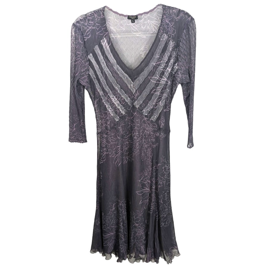 Komarov Gray Purple Midi Dress Sheer Floral Printed Crinkle Slip Size Large