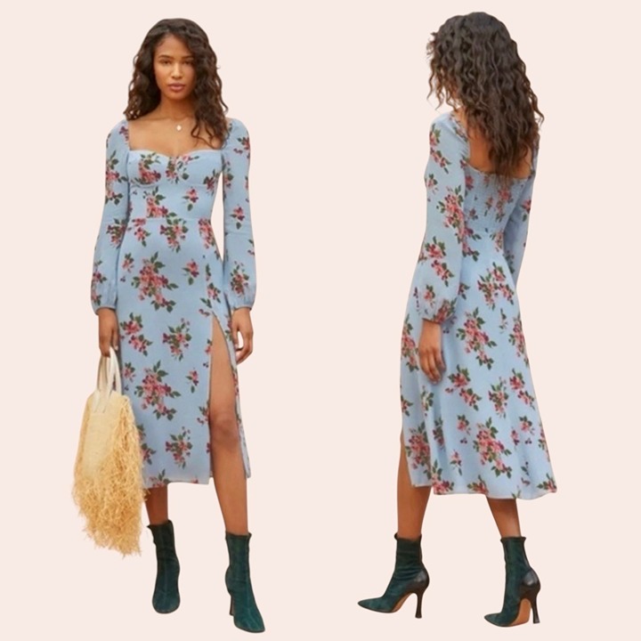 Reformation Shelby Floral Midi Dress Sz.2 Giulia Print Blue Romantic Fairy