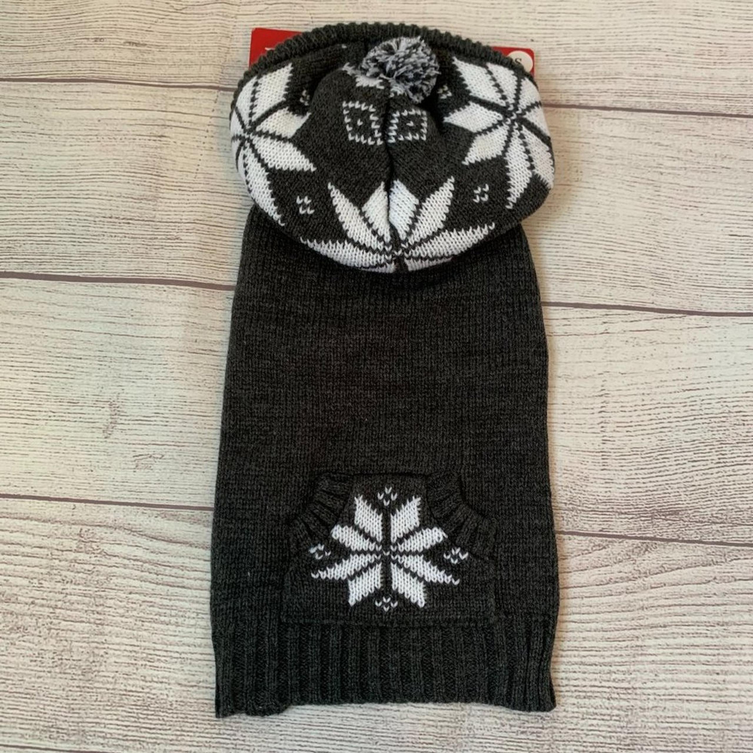 Dog Sweater with Hood Pom Grey White Snowflake Pattern Pocket Winter Out…