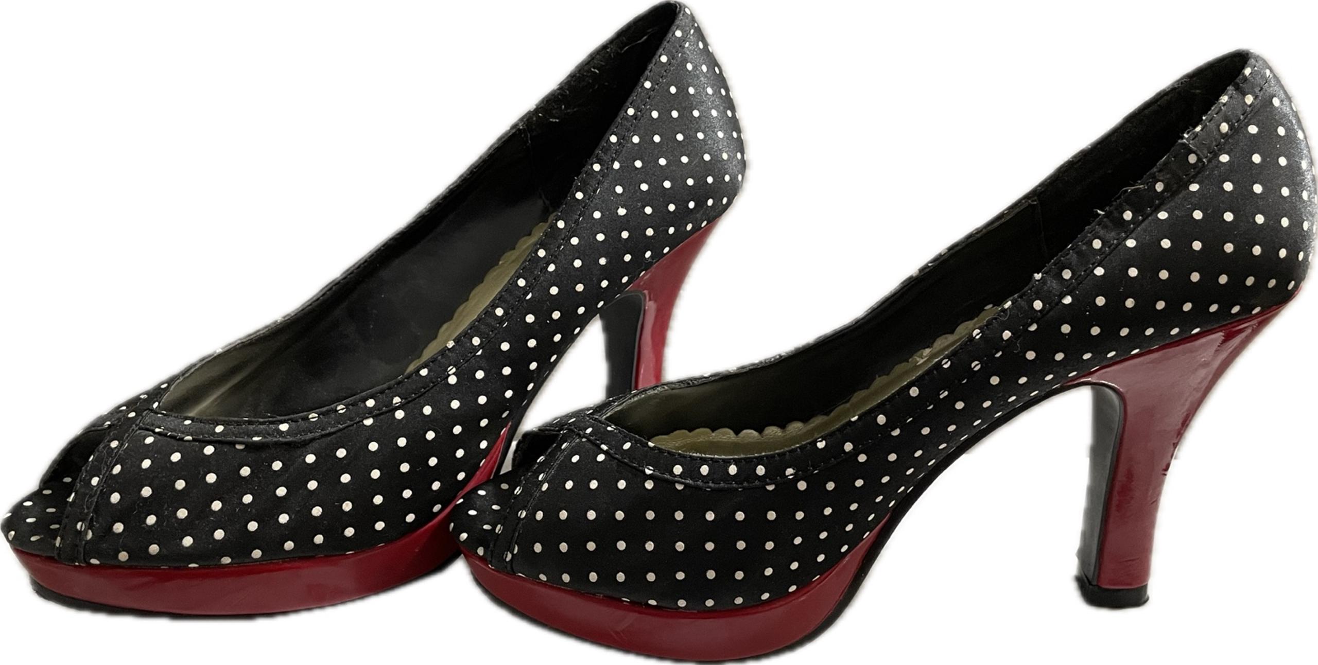 Madden Girl Open Toe Heels Size 6 Black & White Polka Dots w/Red Heels