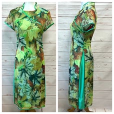 NWT Stunning Silk Leaf Print Asian Cheongsam Dress