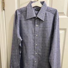 Tom Ford Men's Blue Pattern Print Plaid Cotton Dress Shirt