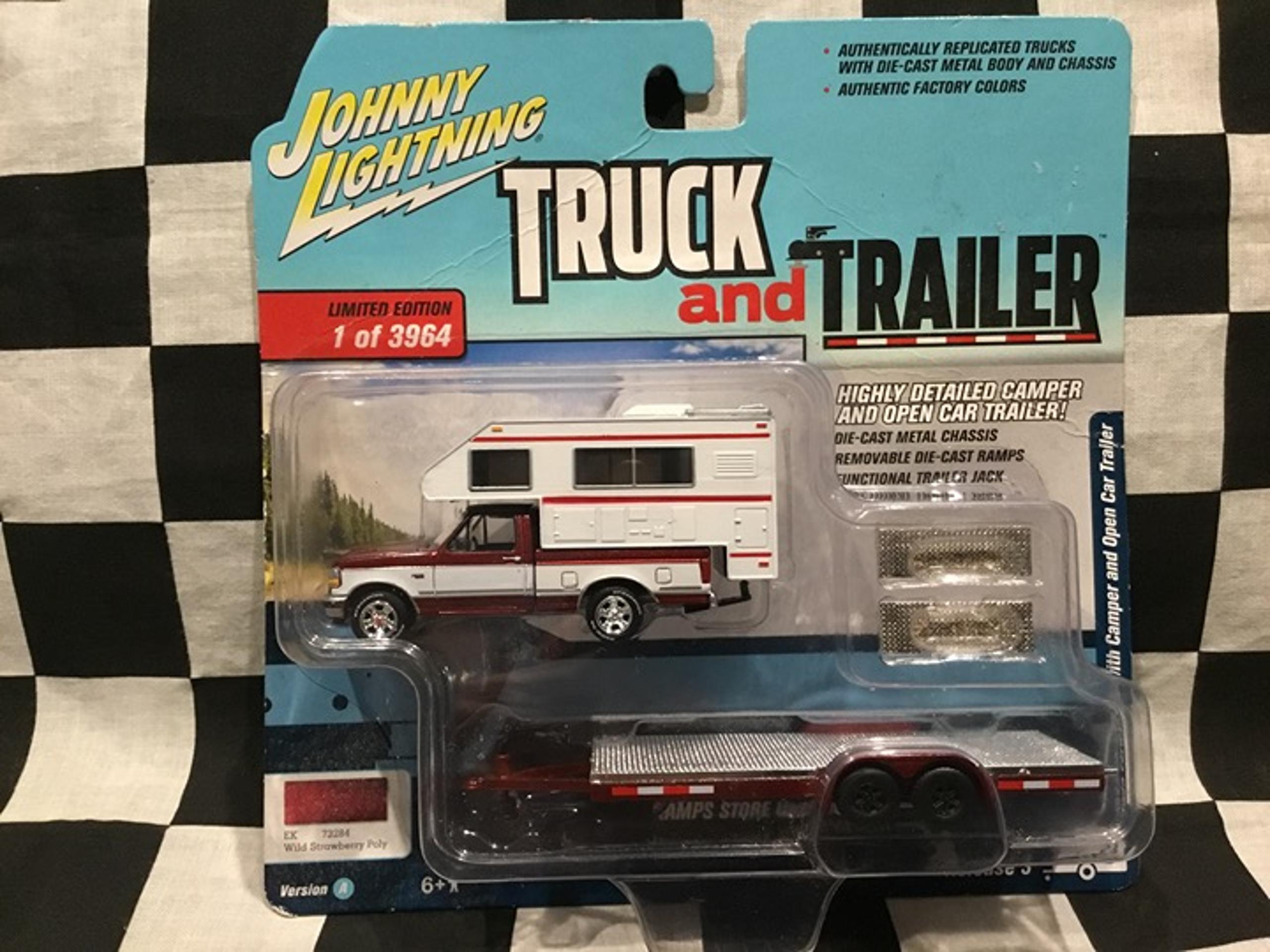 Johnny Lightning Truck & Trailer 1993 Ford F-150 With Camper Open Car Trailer
