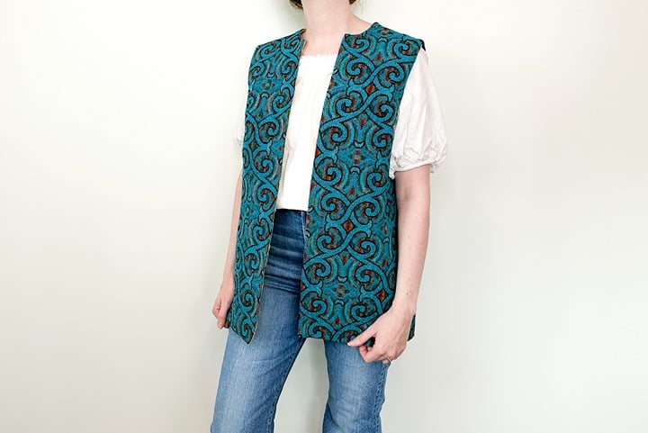 Vintage 70s Woven Turquoise Swirl Tapestry Bohemian Open Front Vest - M