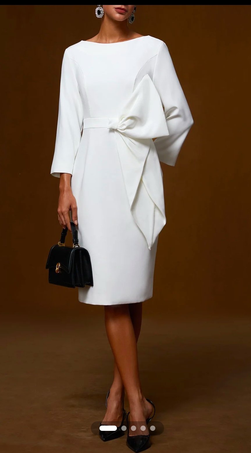 White Bow Classic Boat Neck Three Quarter Sleeve Shift Midi Dress