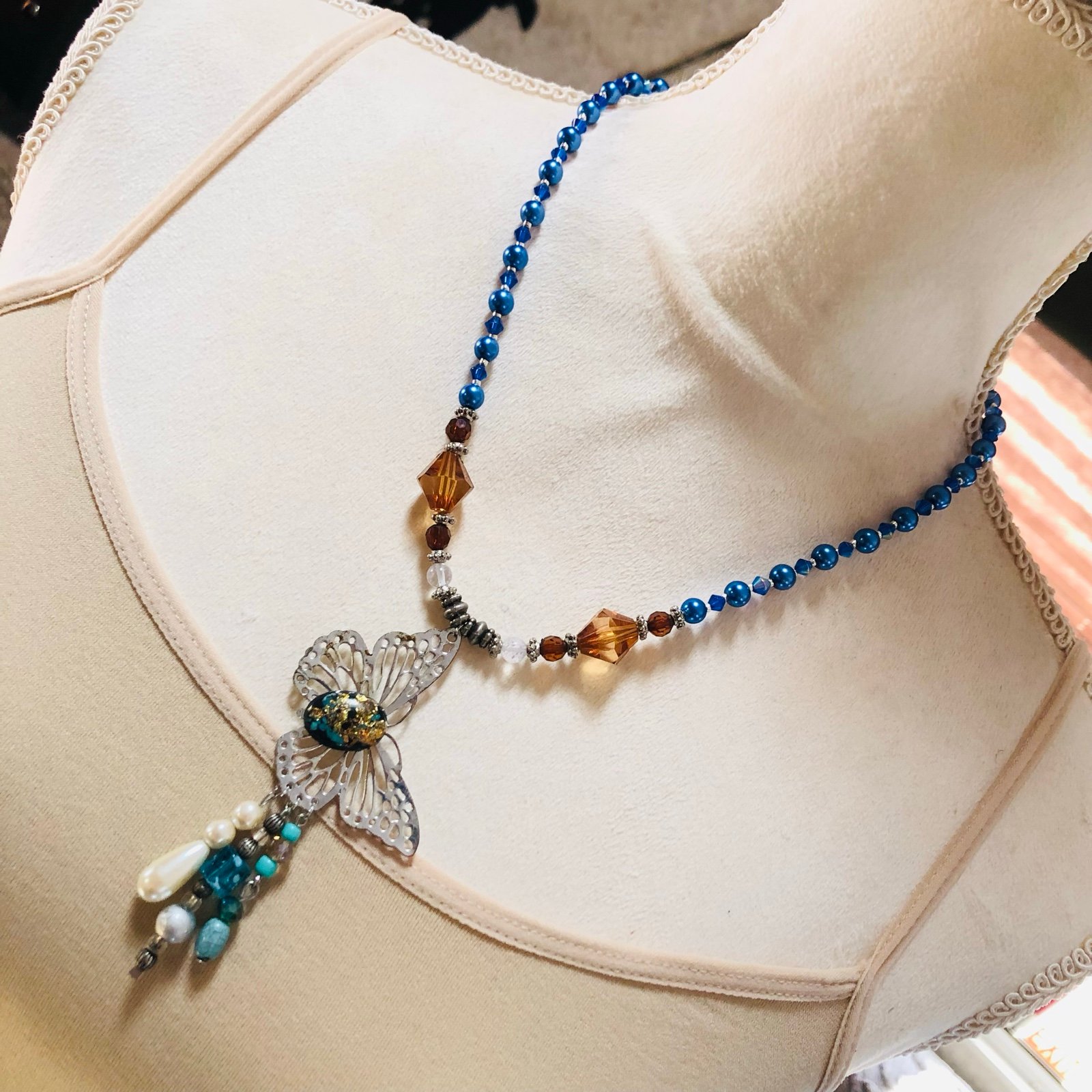 Handcrafted repurpose cutout butterfly pendant Czech glass Pearl necklace