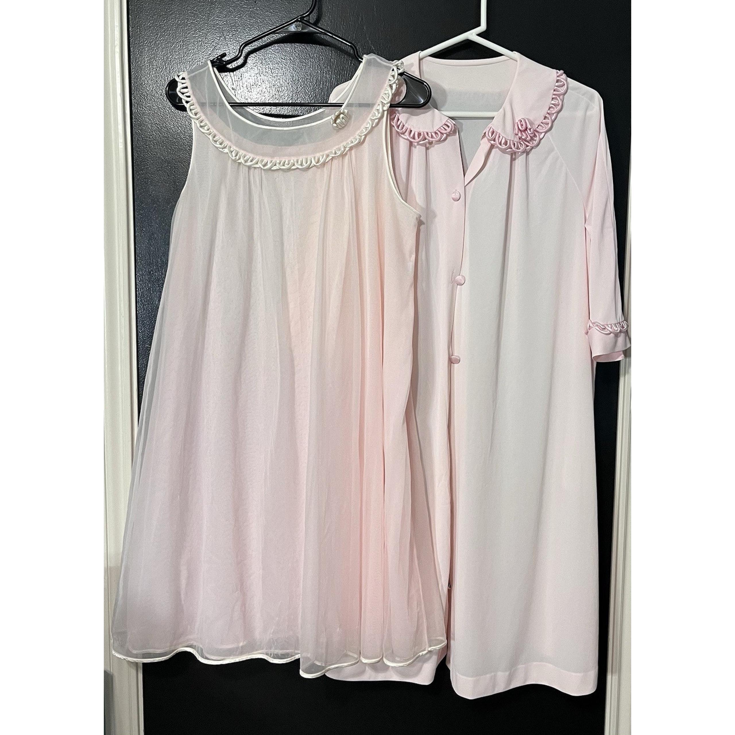 VTG Gossard Artemis Nightgown Robe Set Chiffon Lace Peignoir Sz Med baby pink