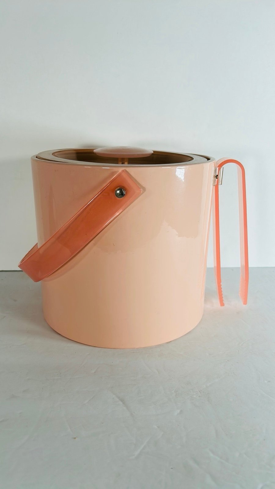George Briard Vintage MCM Orange Ice Bucket With Lucite Acrylic Top Handle Tongs