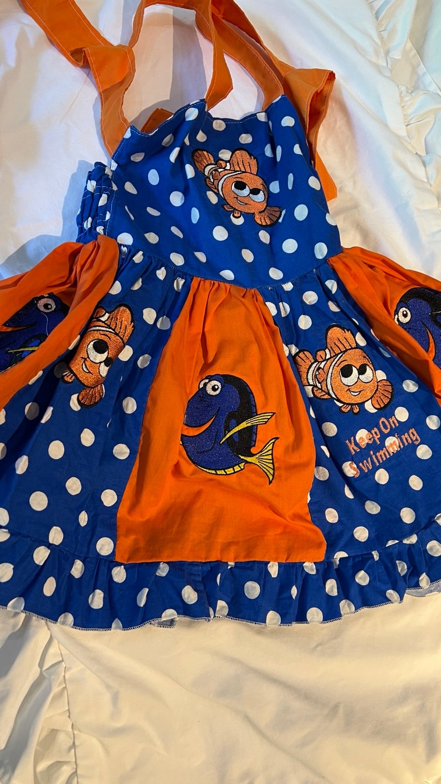 Custom Nemo embroidery tie back halter dress, size 4/5 VGUC AB