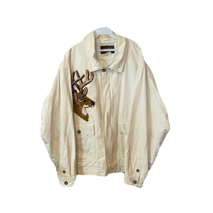 Vintage Eddie Bauer Mens XL Felted Deer Patch Distressed Bomber Jacket Ivory