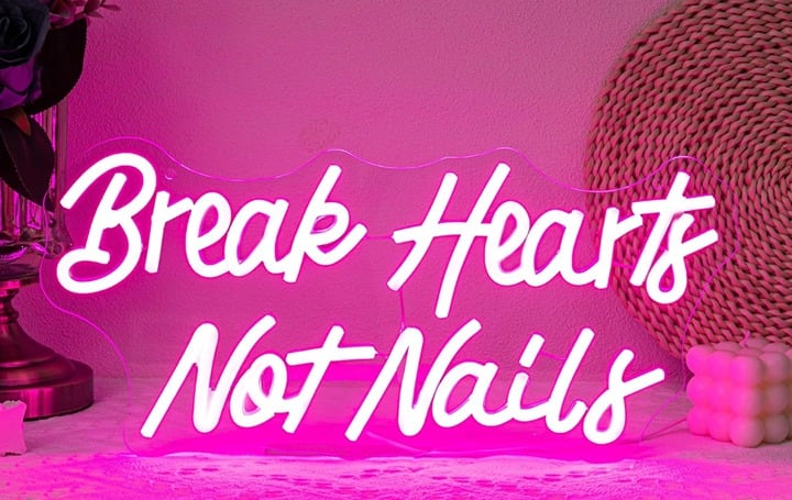 Fun Bright Pink “Break Hearts Not Nails” LED Night Light Room Wall Decoration