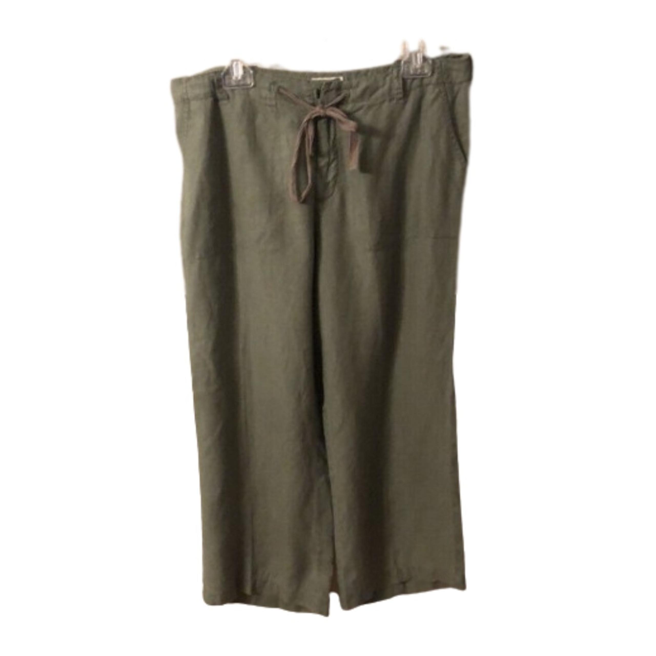 ST JOHN'S BAY SIZE 14 OLIVE ARMY GREEN LINEN WIDE LEG CROPPED DRAWSTRING PANTS
