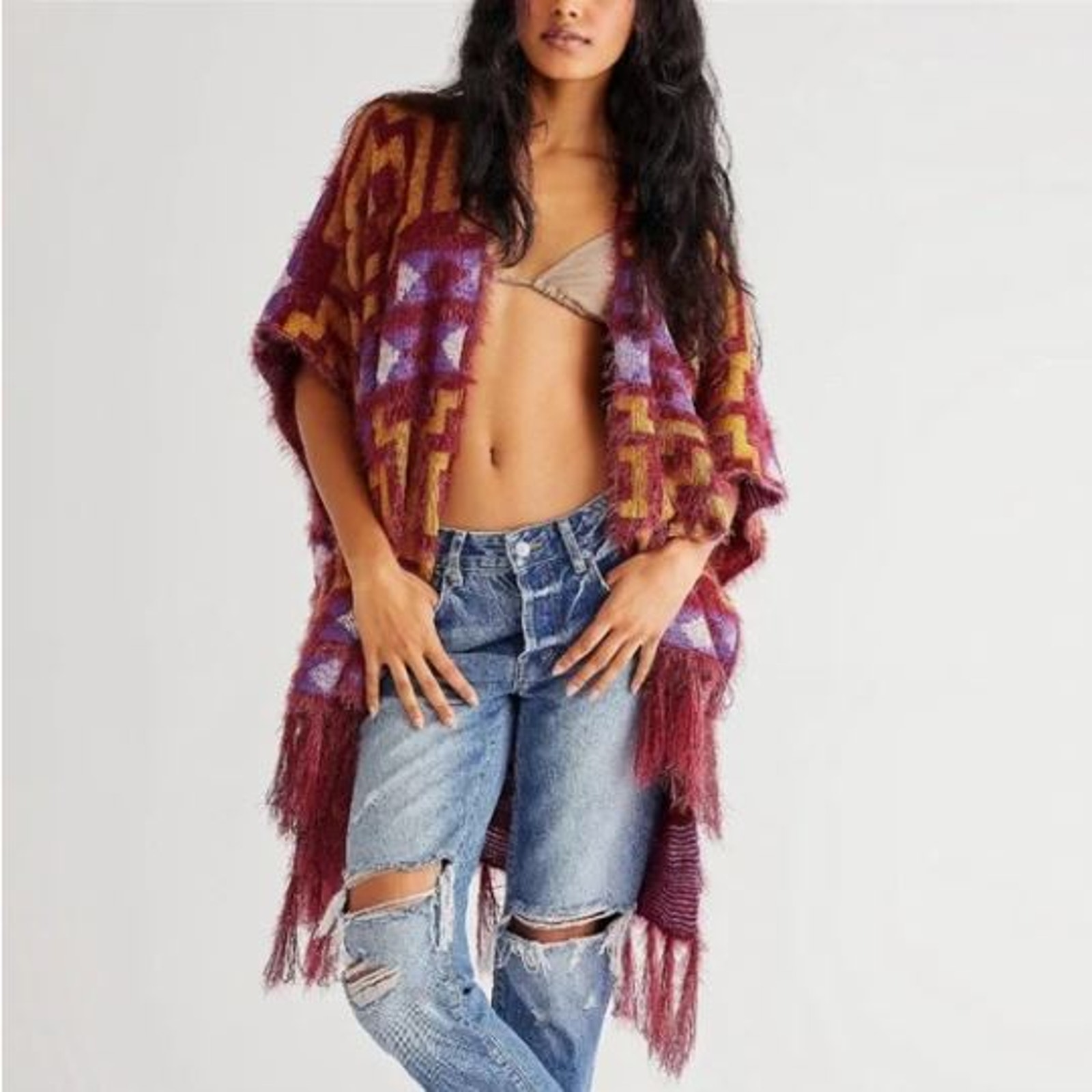 Free People Poncho Diamondback Cozy Sweater Kimono in Purple One Size shawl wrap