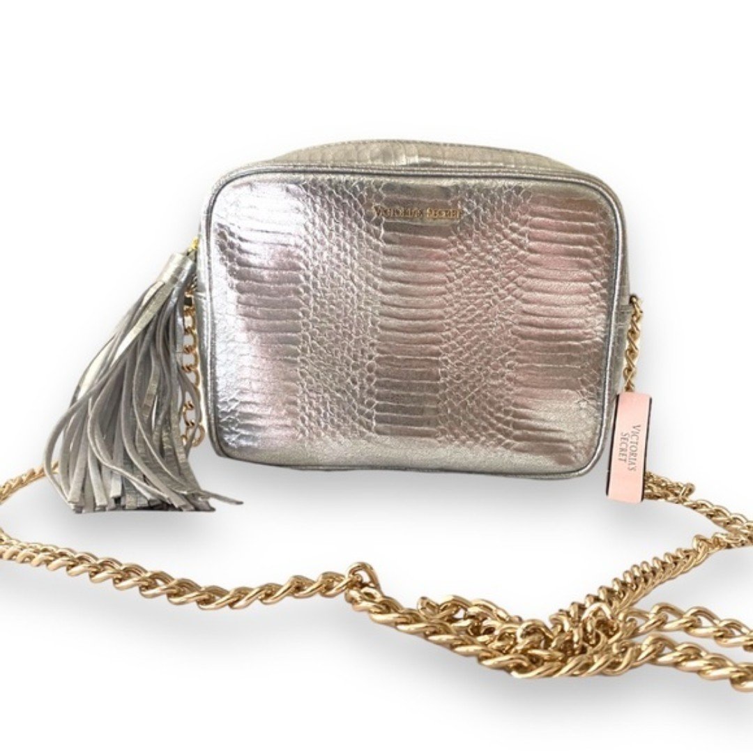 Victoria’s Secret Silver Faux Leather Crossbody Bag Tassel Zip Chain Strap