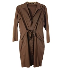 TAHARI Shirt Dress Sz 6 RICH BROWN Tie Front w POCKETS Lagenlook Minimalist
