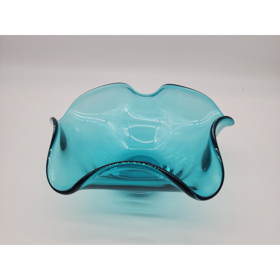 Lenox Organics Turquoise Blue Teal Art Glass Wave Ruffle Bowl Crystal Poland 10