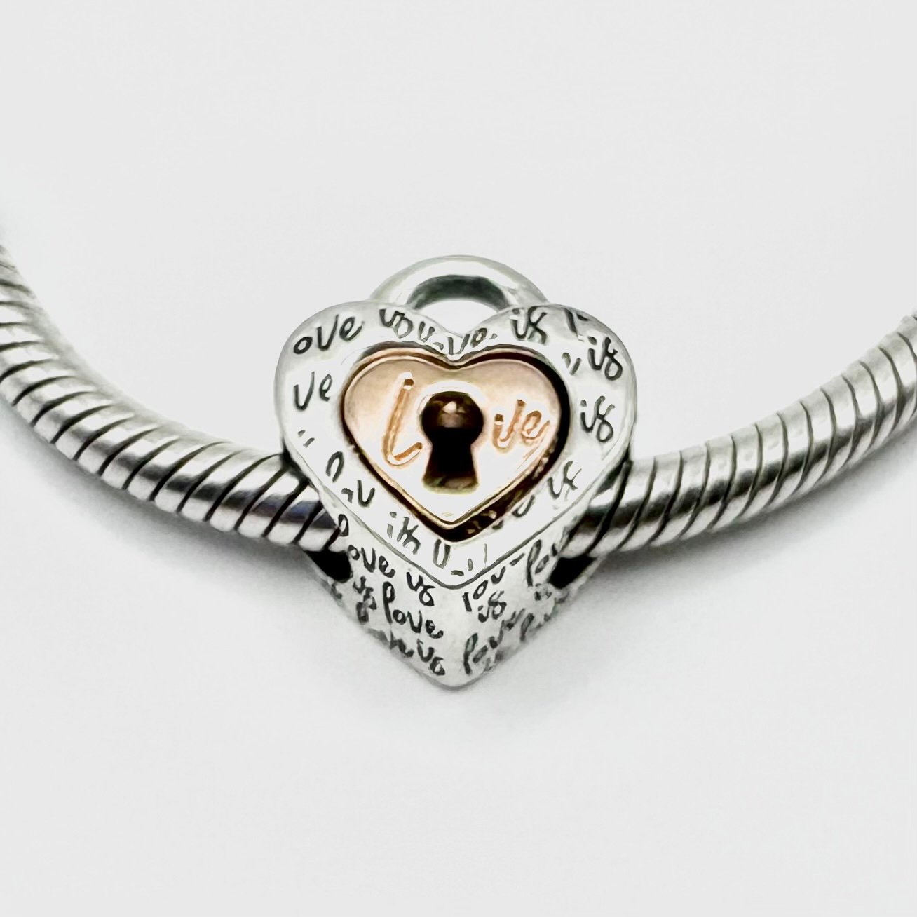 Pandora Two-tone Padlock Splittable Sterling Silver & Rose Gold Love Heart Charm