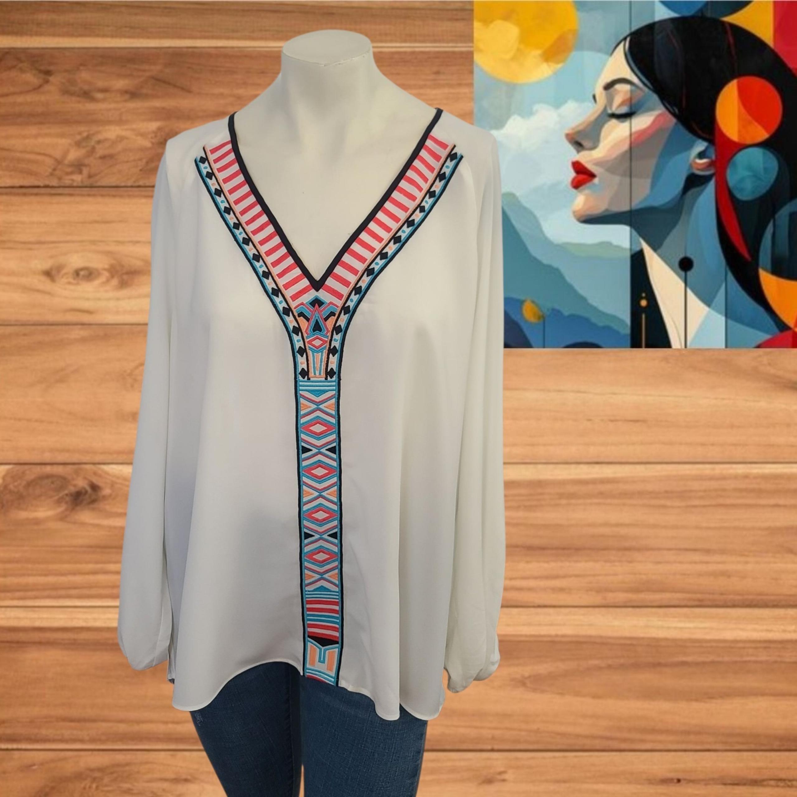 Bisou Bisou Women's White V-Neck Blouse – Geometric Embroidered Boho Top Size L