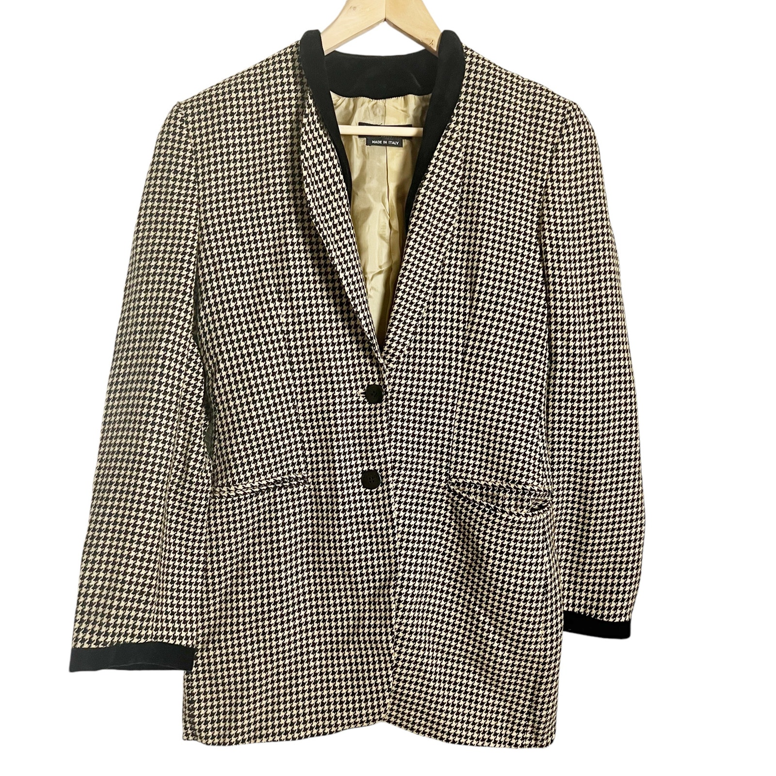 Giorgio Armani Vintage Black Tan Houndstooth Wool Cashmere Blazer Jacket Size 4