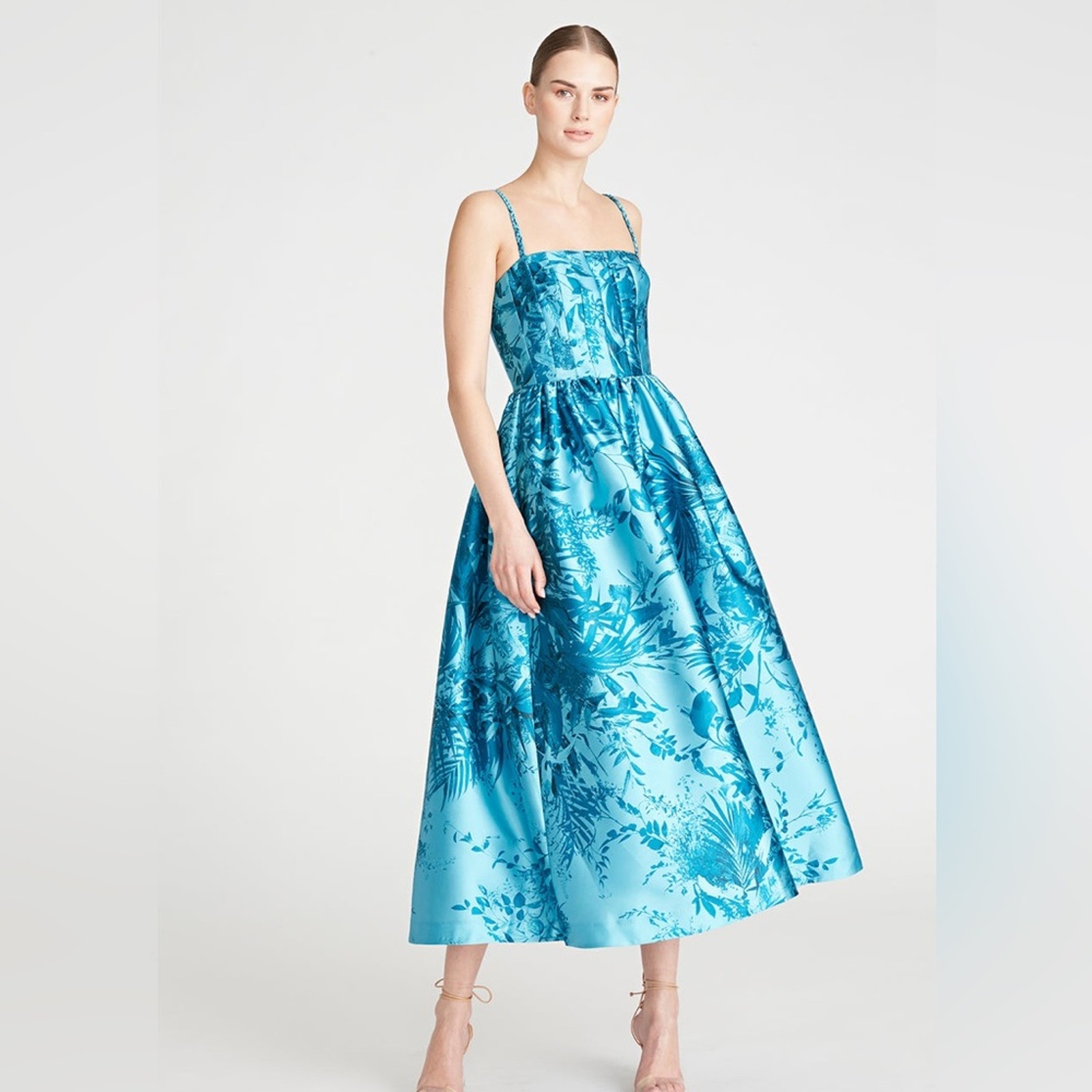 Monique Lhuillier Aqua Mikado Floral Print Midi Dress with Pockets NWT Size 16
