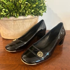 Tory Burch Marion Black Patent Leather Block Heel Gold Trim Size 9