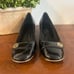 Tory Burch Marion Black Patent Leather Block Heel Gold Trim Size 9