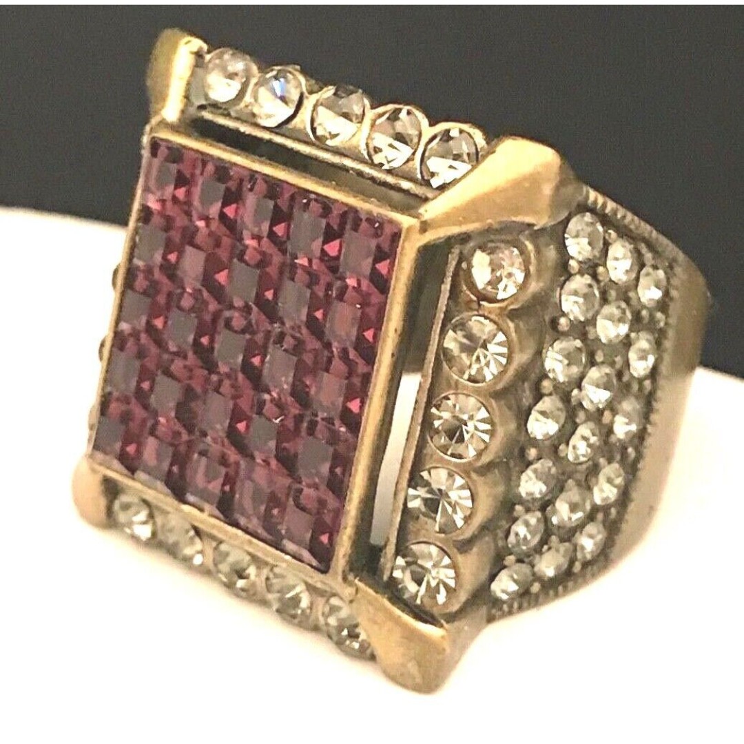 New Signed Heidi Daus Ring Crystal Cocktail Bronze Purple Crystals Deco 6M