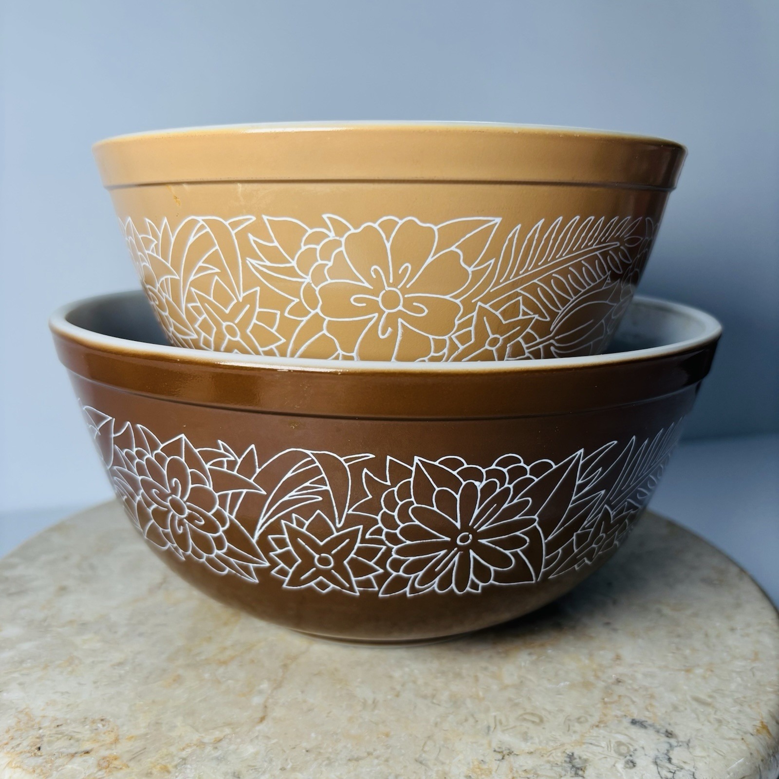 Pyrex Vintage Woodland 402 & 403 Mixing Bowls SET Brown Floral