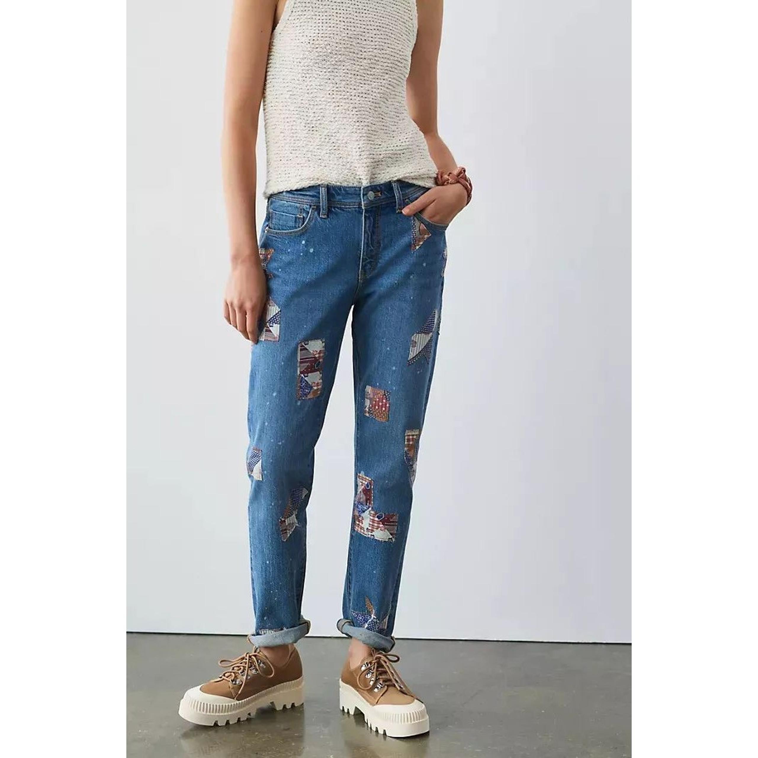 Anthropologie Pilcro Quilt Patchwork Slim Boyfriend Jeans Womens 25 Denim NWT