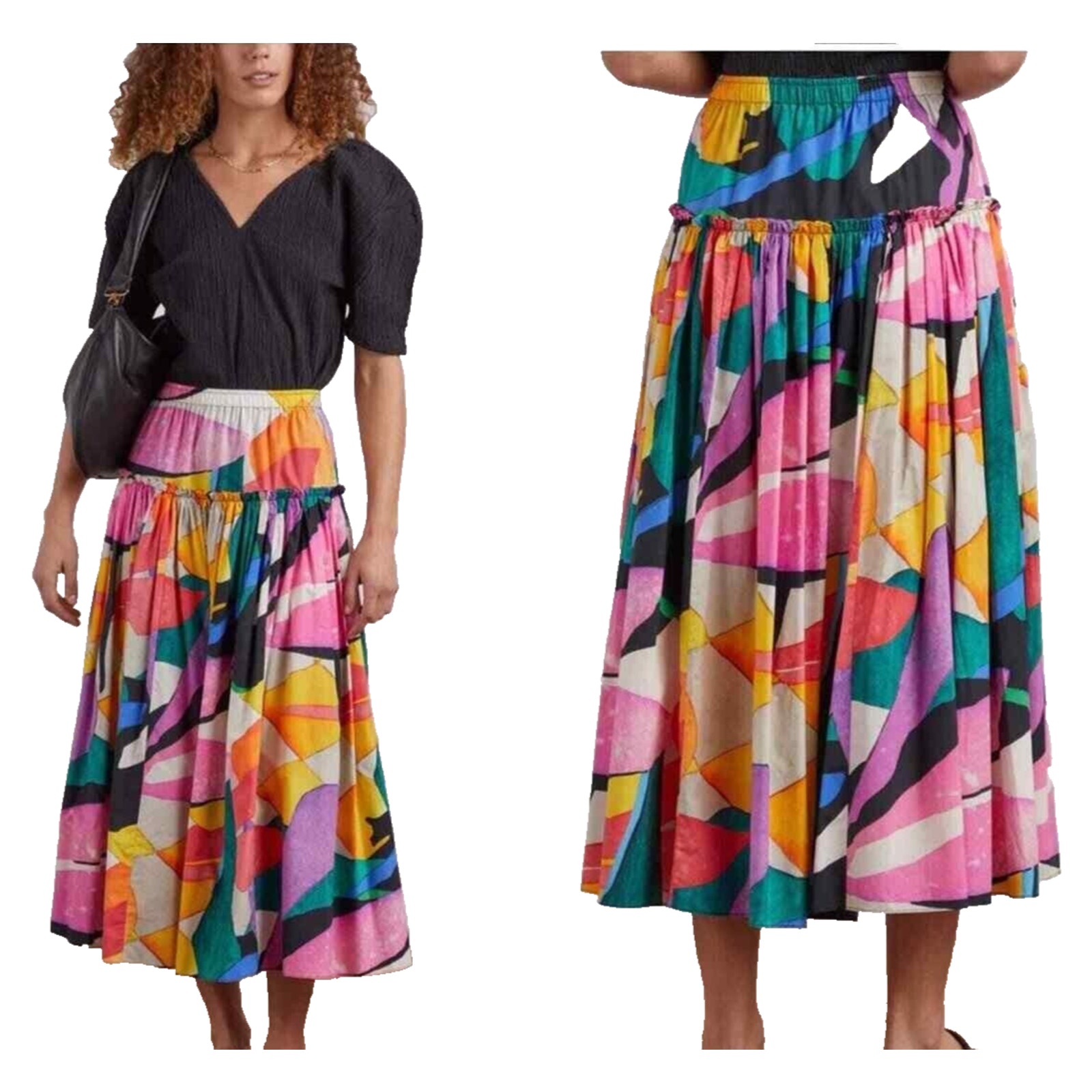 Mara Hoffman Alejandra Abstract Floral Tiered Midi Skirt Cotton Size Small NWT