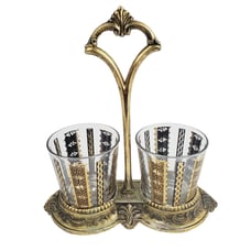 MCM Brass Bar Cup Holder Black/Gold Moroccan Latticework Design Lowball/Rocks