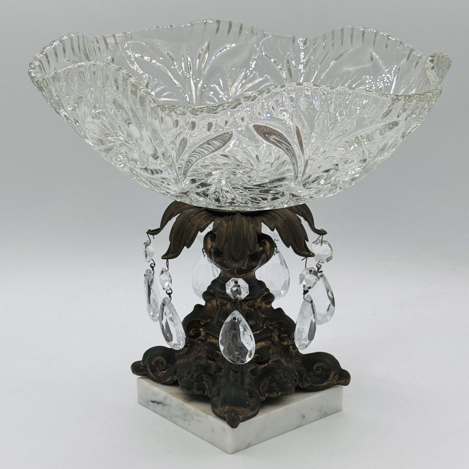 Hand Cut Crystal Ornate Brass Base Pedestal Compote Candy Bowl 9.5” MCM Regency