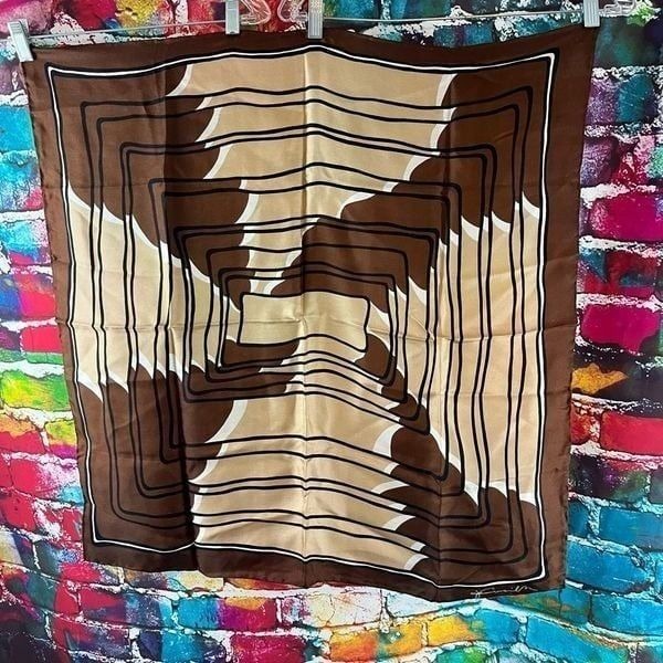 Vintage Geometric Print Artist Signature Silk Hand Rolled Edge Scarf 28 Square