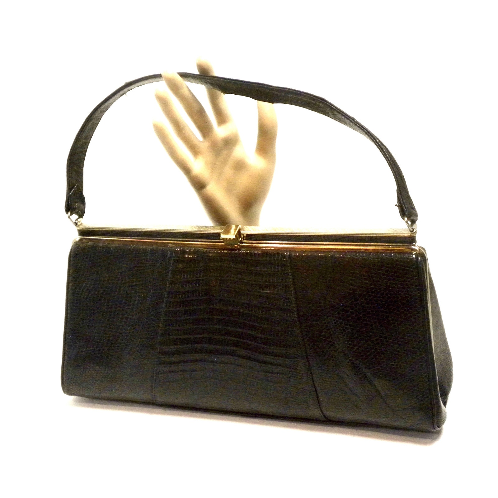 60’s Black Lizard Skin Kelly Bag | 12.75 W x 6.5 H x 3 D