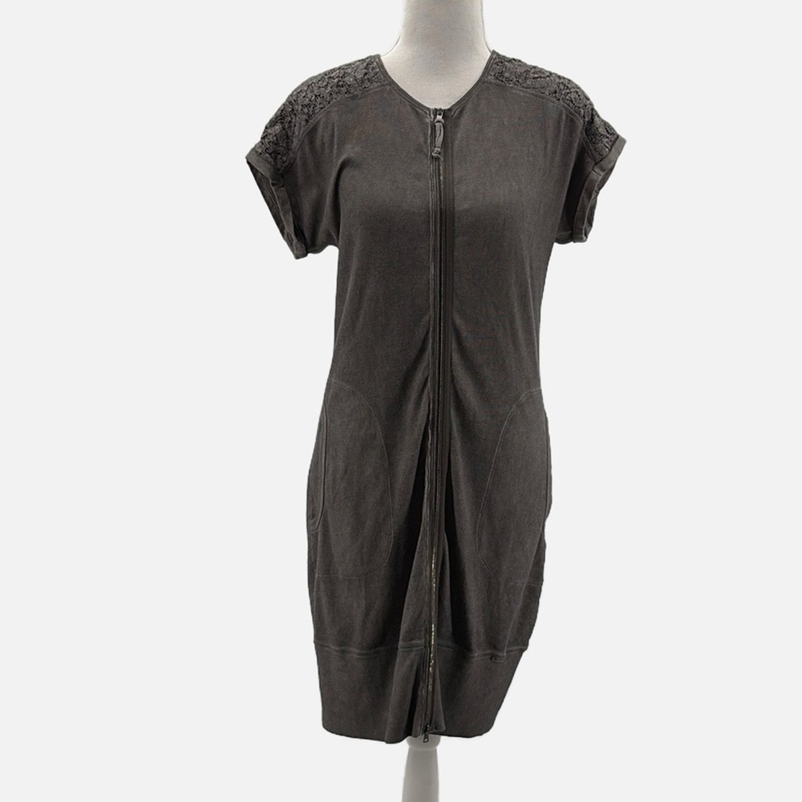 Marc Cain Sports Ribbed Zip Front Short Sleeve Dress in Gray - Size 8 US/N3 MC