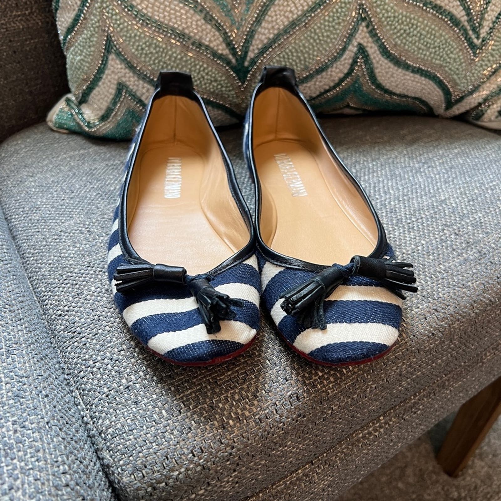 Debora Germani Navy and White Flats with Tassle Size 7