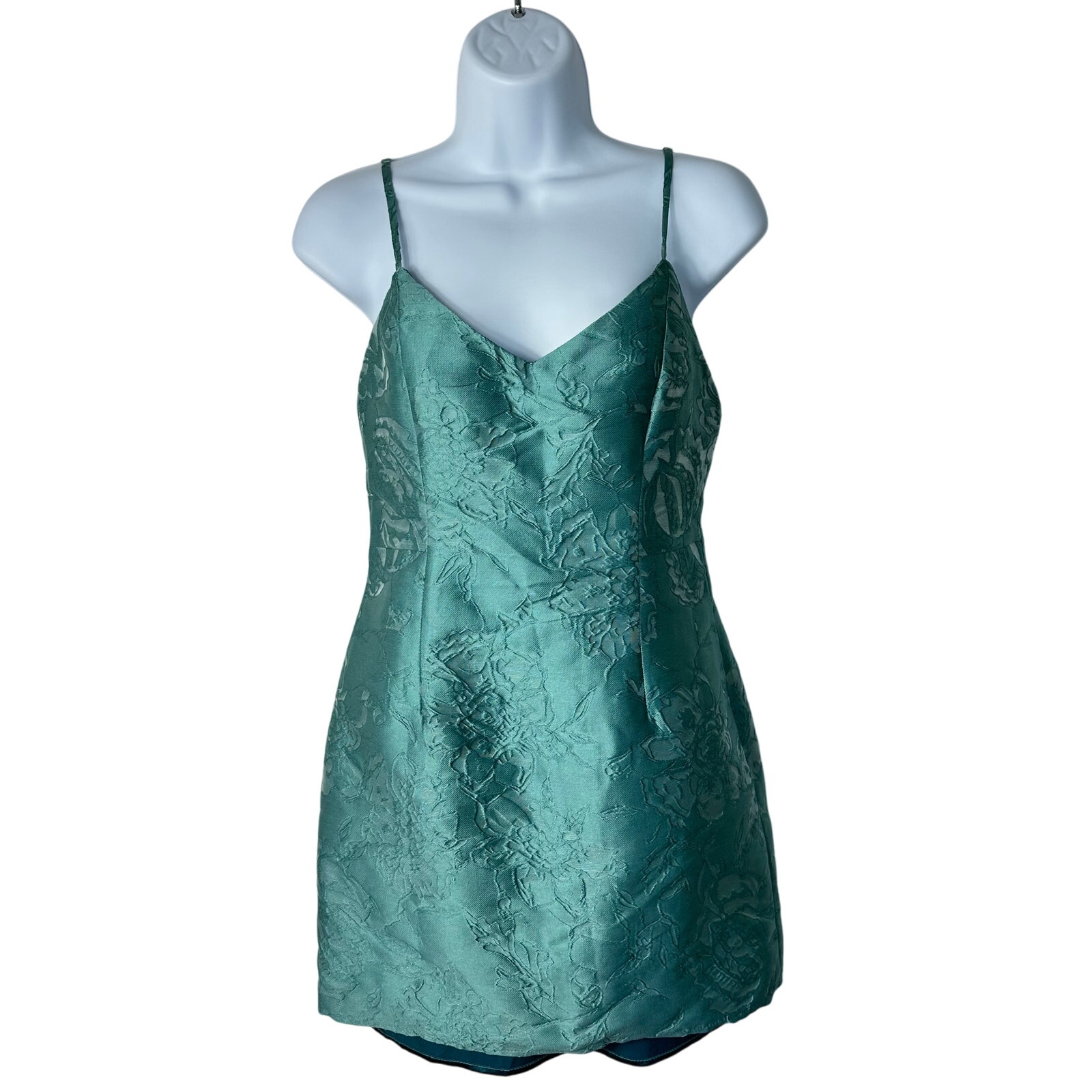 Hello Molly Dress Mini Satin Floral Jacquard Texture Sleeveless Blue Green S